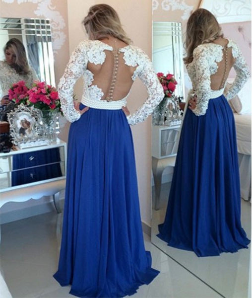 A Line Long Sleeved White Lace Blue Prom Dresses, Blue Evening Dresses