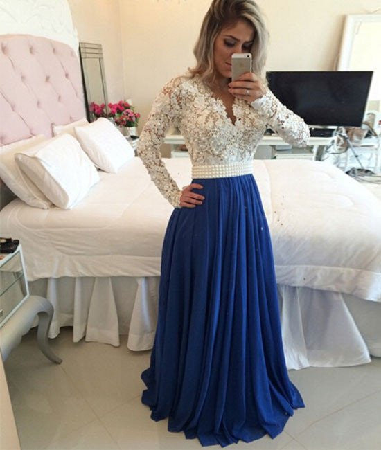 A Line Long Sleeved White Lace Blue Prom Dresses, Blue Evening Dresses
