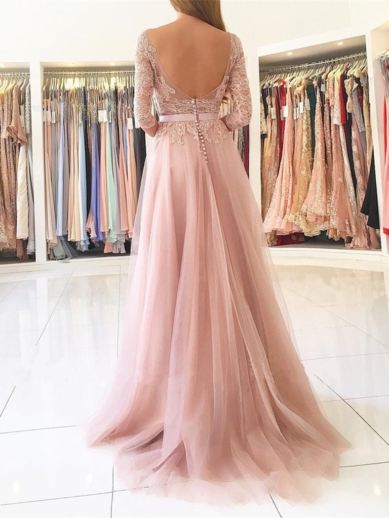 A Line 3/4 Sleeves Backless Lace Pink Long Prom Dresses with High Slit –  abcprom