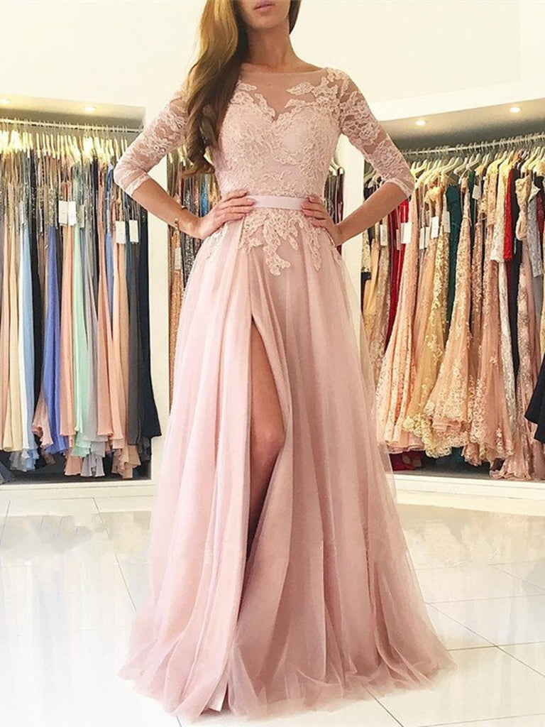 A Line Long Sleeves Backless Lace Pink Long Prom Dresses with High Slit, Long Sleeves Pink Lace Formal Dresses, Evening Dresses