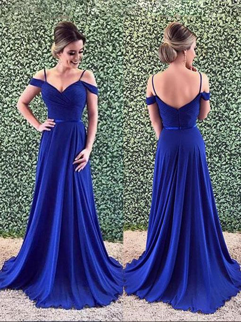 A Line Off Shoulder Backless Royal Blue Long Prom Dresses with Straps, Off Shoulder Royal Blue Formal Dresses, Evening Dresses