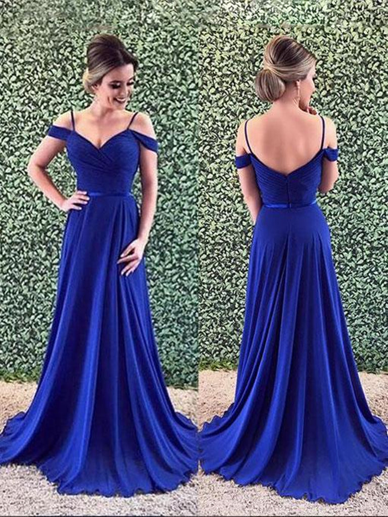 A Line Off Shoulder Backless Royal Blue Long Prom Dresses with Straps, abcprom A Line Off Shoulder Backless Royal Blue Long Prom Dresses with Straps, abcprom