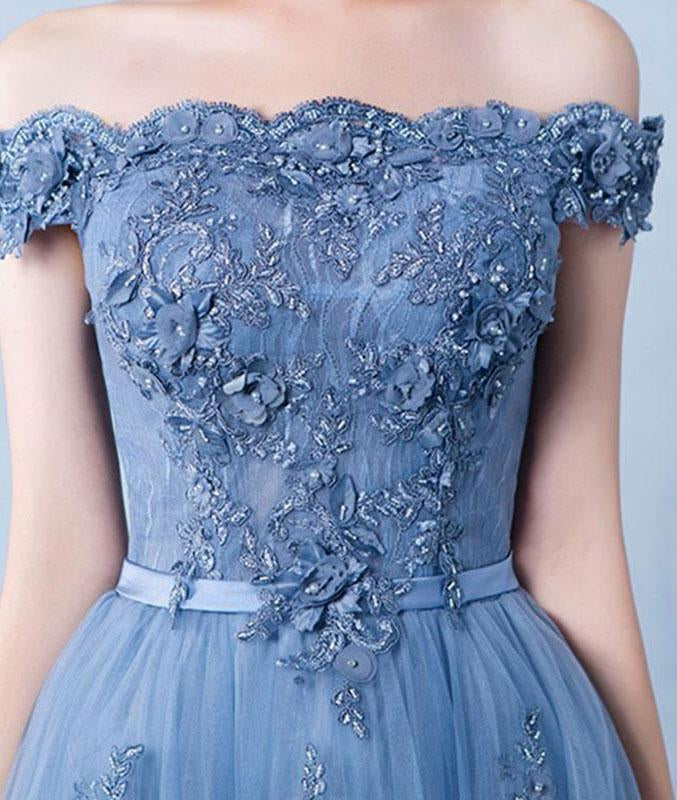 Off-the-shoulder Lace Appliqued A-line Dress Blue