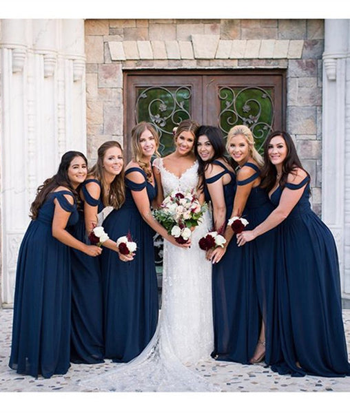 A Line Off Shoulder Navy Blue Long Prom Dresses, Navy Blue Bridesmaid Dresses