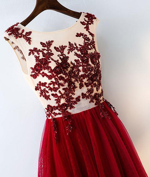 A Line Round Neck Burgundy Lace Tulle Long Prom Dress, Burgundy Lace Evening Dress, Burgundy Lace Graduation Dress