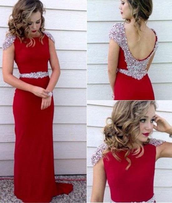 A Line Round Neck Cap Sleeves Sequins Red Prom Dresses, Red Formal Dresses