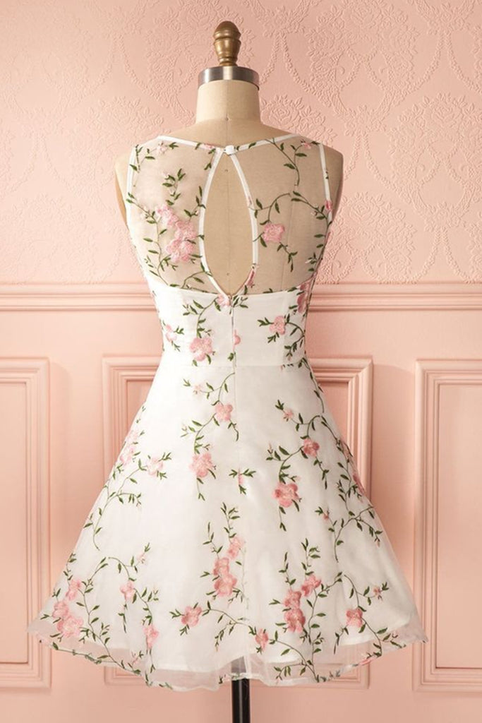 A Line Round Neck Floral Lace White Short Prom Dresses, Lace Appliques abcprom A Line Round Neck Floral Lace White Short Prom Dresses, Lace Appliques abcprom