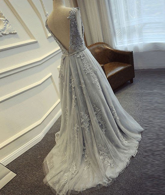 A Line Round Neck Lace Grey Prom Dresses, Lace Grey Formal Dresses abcprom A Line Round Neck Lace Grey Prom Dresses, Lace Grey Formal Dresses abcprom