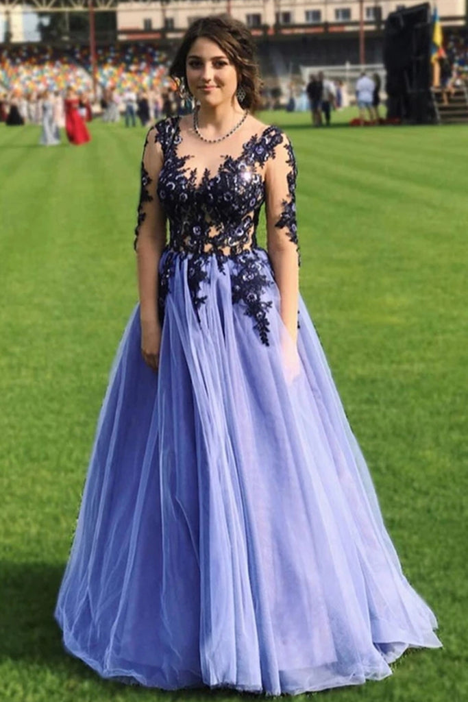 A Line Round Neck Long Sleeves Lace Purple Prom Dress, Long Sleeves Purple Lace Formal Graduation Evening Dress