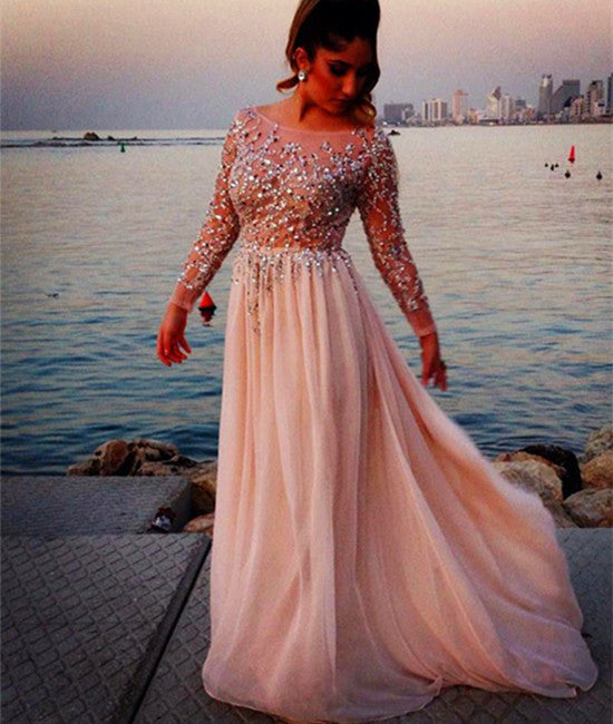 A Line Round Neck Long Sleeves Sequins Lace Prom Dresses, Round Neck Formal  Dresses With Beadings