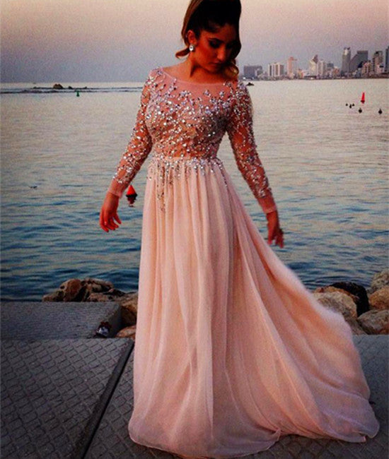 A Line Round Neck Long Sleeves Sequins Lace Prom Dresses, Round Neck F abcprom A Line Round Neck Long Sleeves Sequins Lace Prom Dresses, Round Neck F abcprom