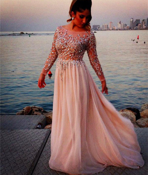 A Line Round Neck Long Sleeves Sequins Prom Dresses, Round Neck Formal Dresses With Beadings
