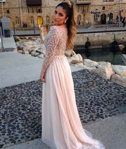 A Line Round Neck Long Sleeves Sequins Prom Dresses, Round Neck Formal Dresses With Beadings