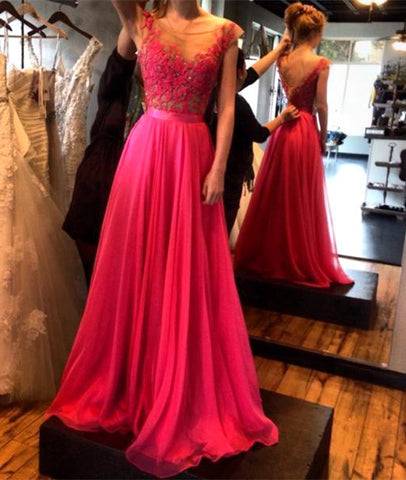 A Line Round Neck Red Lace Applique Prom Dresses, Rose Red Lace Evening Dresses