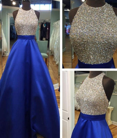 A Line Round Neck Sequins Backless Blue Prom Dresses, Blue Formal Dresses, Backless Blue Evening Dresses