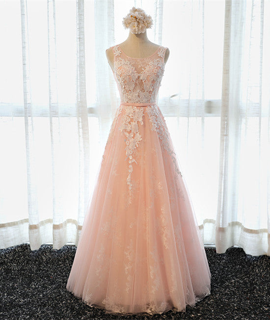 A Line Round Neck Sleeveless Lace Grey/Pink/Champagne Prom Dresses, La abcprom A Line Round Neck Sleeveless Lace Grey/Pink/Champagne Prom Dresses, La abcprom