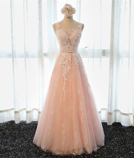 A Line Round Neck Sleeveless Lace Grey/pink/Champagne Prom Dresses, Lace Formal Dresses, Evening Dresses