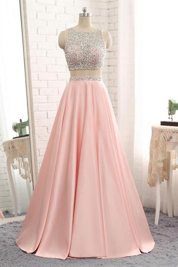 A Line Round Neck Two Pieces Beaded Pink Prom Dresses Two Pieces