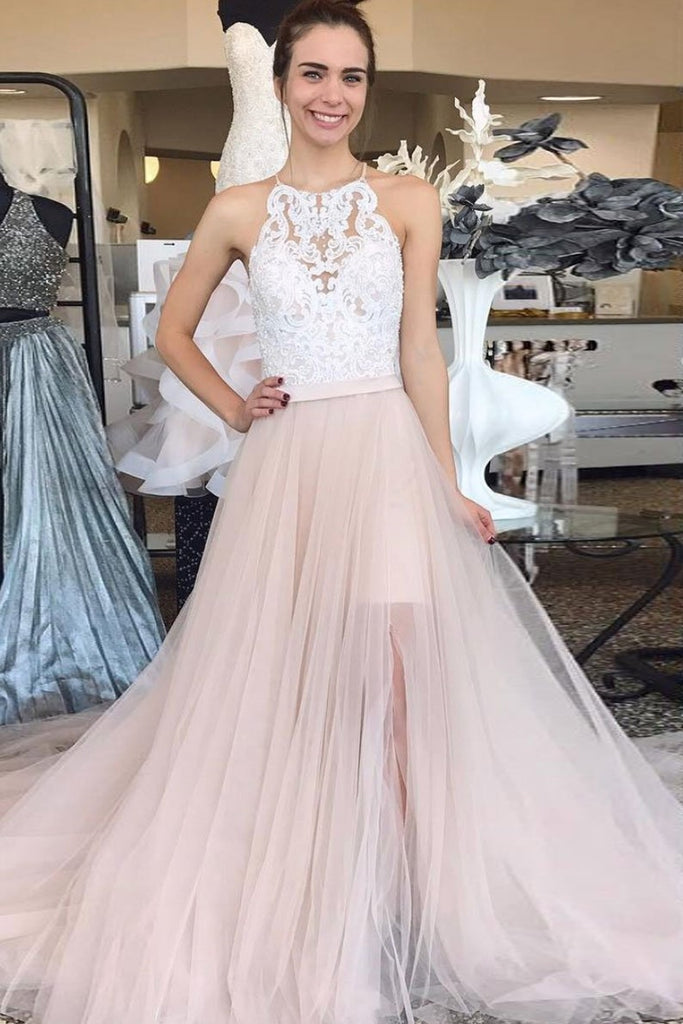 A Line Round Neck White Lace Top Champange Prom Dress, Lace Top Champa abcprom A Line Round Neck White Lace Top Champange Prom Dress, Lace Top Champa abcprom