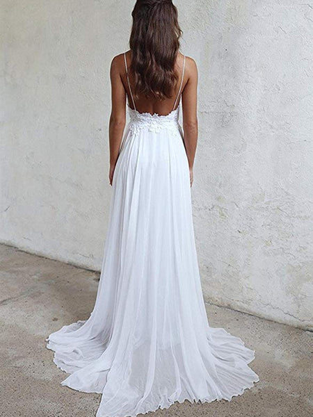 A Line Spaghetti Straps Backless Lace White Beach Wedding Dresses, White Backless Lace Long Prom Dresses, White Formal Dresses
