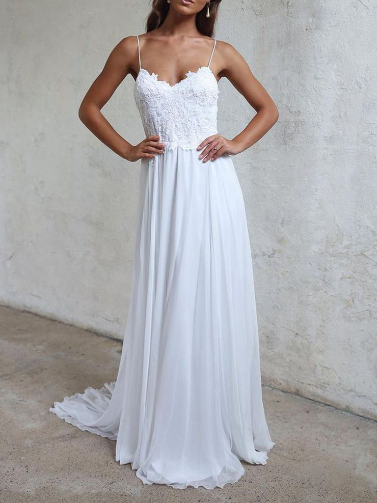 A Line Spaghetti Straps Backless Lace White Beach Wedding Dresses, Whi abcprom A Line Spaghetti Straps Backless Lace White Beach Wedding Dresses, Whi abcprom