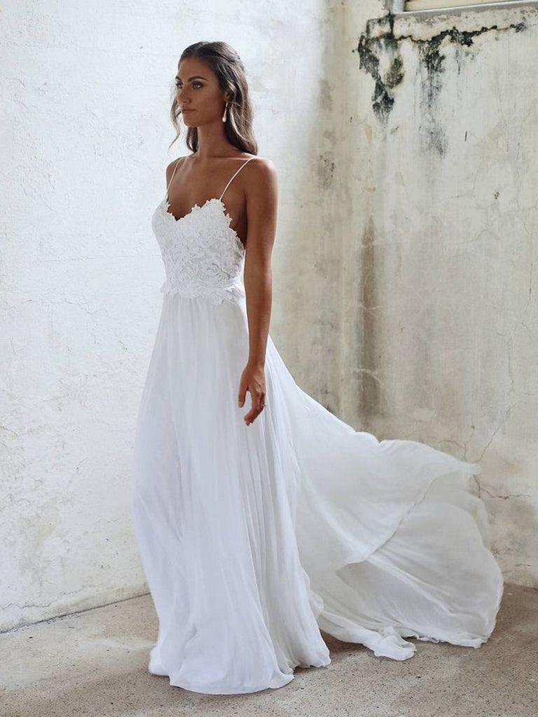 A Line Spaghetti Straps Backless Lace White Beach Wedding Dresses, Whi abcprom A Line Spaghetti Straps Backless Lace White Beach Wedding Dresses, Whi abcprom