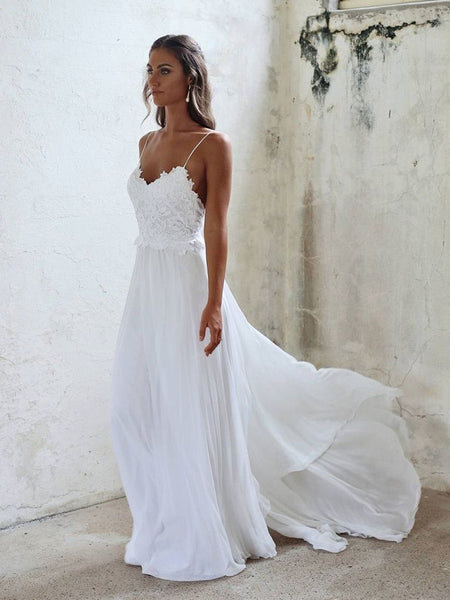 A Line Spaghetti Straps Backless Lace White Beach Wedding Dresses, White Backless Lace Long Prom Dresses, White Formal Dresses