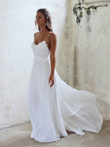 A Line Spaghetti Straps Backless Lace White Beach Wedding Dresses, White Backless Lace Long Prom Dresses, White Formal Dresses A Line Spaghetti Straps Backless Lace White Beach Wedding Dresses, White Backless Lace Long Prom Dresses, White Formal Dresses