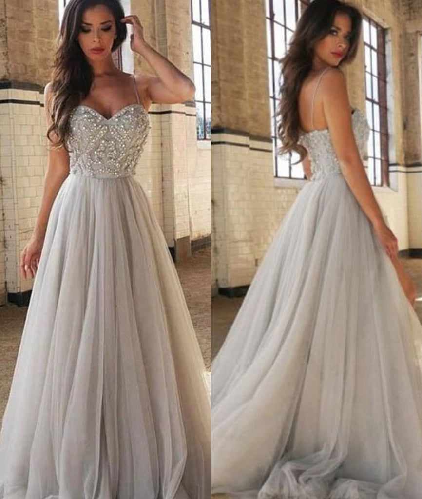 A Line Spaghetti Straps Backless Silver Gray Tulle Long Prom Dresses, Silver Gray Long Evening Dresses, Silver Gray Formal Dresses