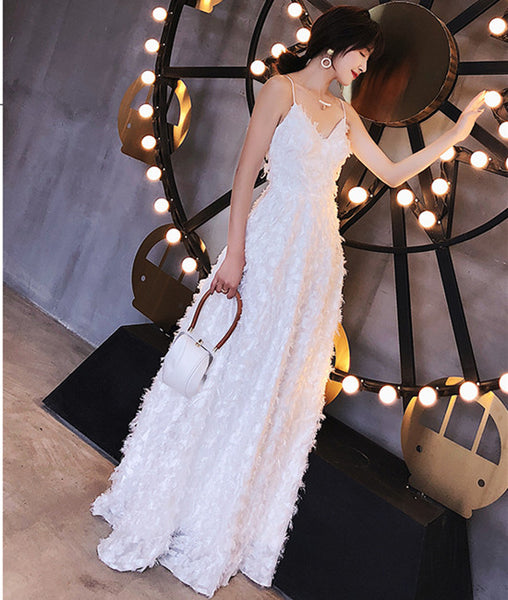 A Line Spaghetti Straps V Neck Backless White Lace Long Prom Dresses, White Lace Formal Dresses, Evening Dresses