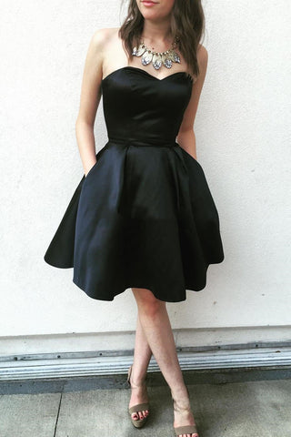 A Line Strapless Black Satin Short Prom Dress Homecoming Dress, Strapless Black Formal Graduation Evening Dress