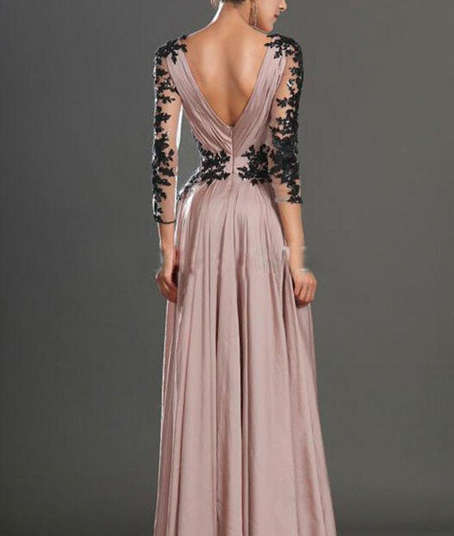 A Line Sweetheart Neck Lace Sleeve Chiffon Prom Dresses, Lace Evening Dresses, Formal Dresses