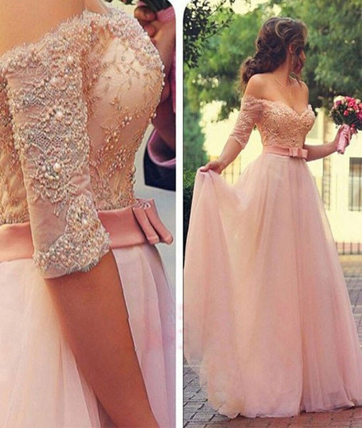 A Line Sweetheart Neck Beaded Lace Pink Prom Dresses, Lace Pink Formal Dresses