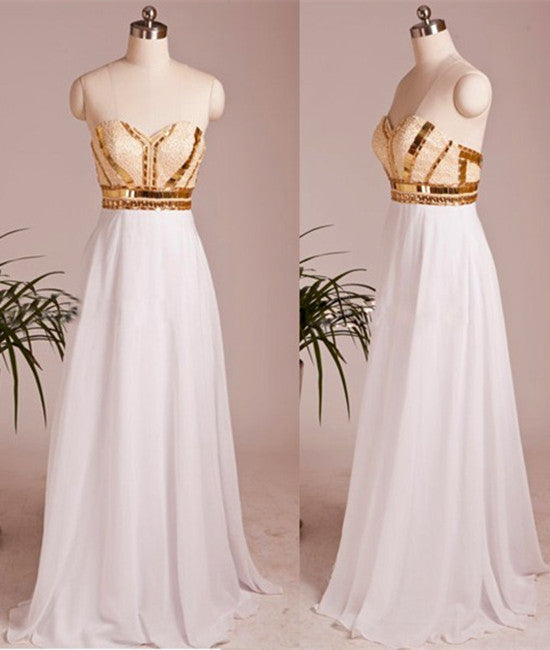 A Line Sweetheart Neck Chiffon Long White Prom Dresses, White Evening Dresses With Golden Lines