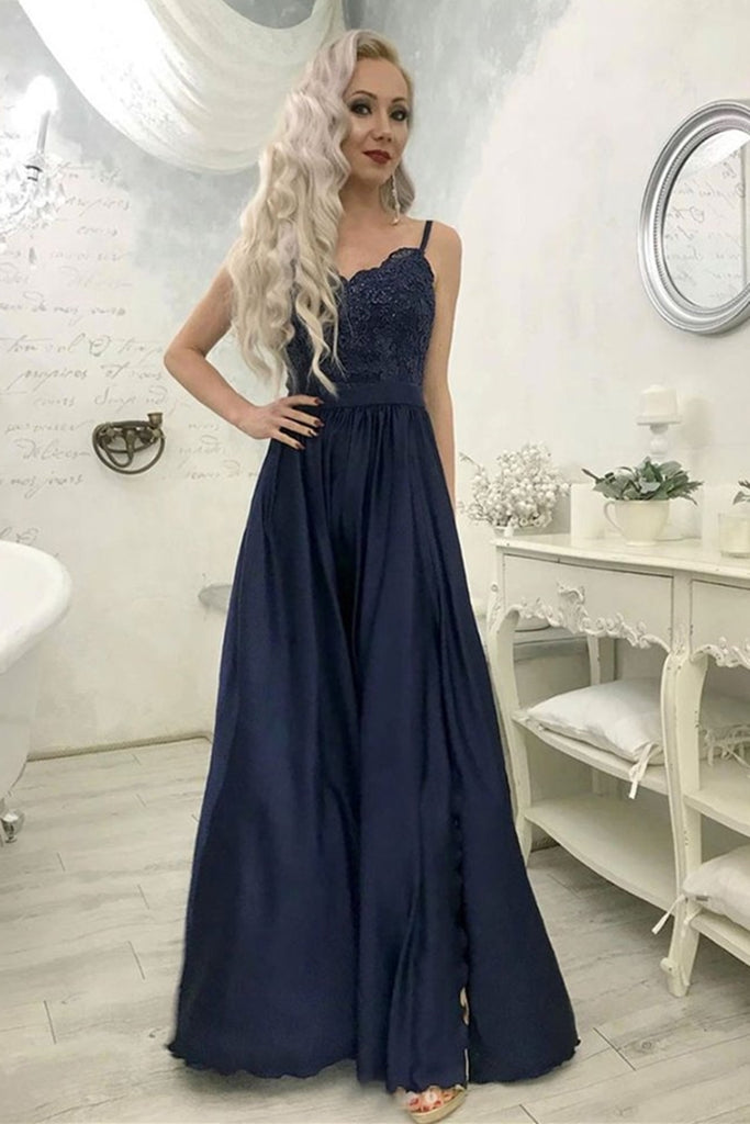 A Line Sweetheart Neck Lace Navy Blue Long Prom Dress with split, Navy Blue Lace Formal Graduation Evening Dress