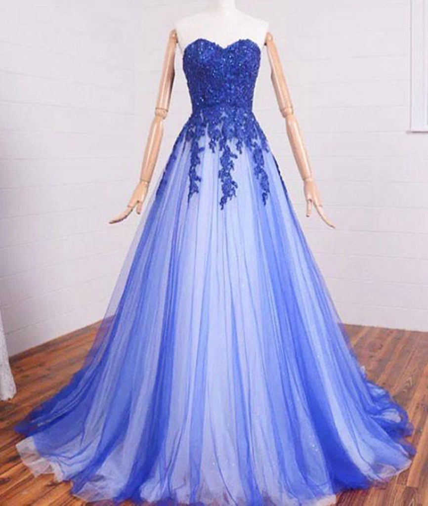Sweetheart Neck Blue Lace Long Prom Dress, Blue Tulle Formal Dress, Bl –  abcprom