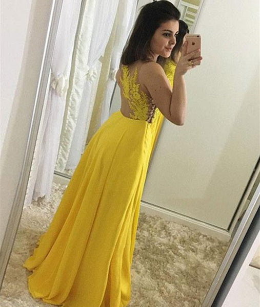A Line Sweetheart Neck Lace Yellow Chiffon Long Prom Dresses, Yellow Lace Formal Evening Dresses, Yellow Graduation Dresses
