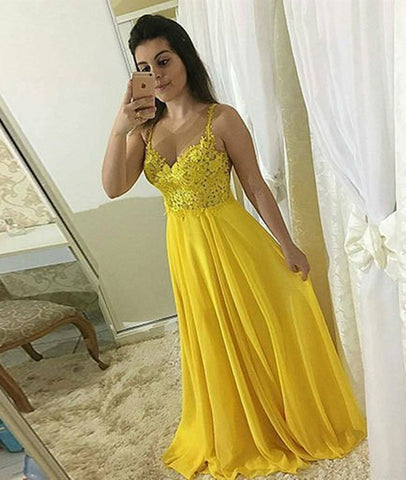 A Line Sweetheart Neck Lace Yellow Chiffon Long Prom Dresses, Yellow Lace Formal Evening Dresses, Yellow Graduation Dresses