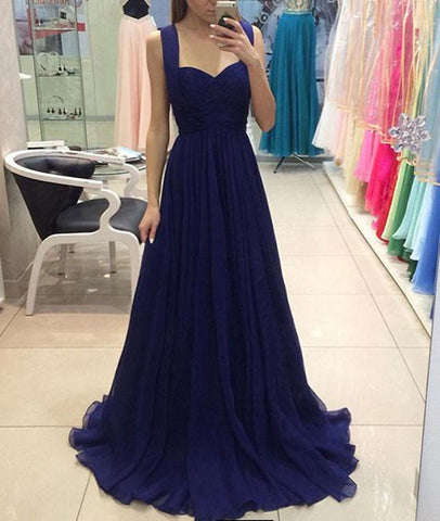 A Line V Neck Royal Blue/Yellow Satin Long Prom Dresses with Side