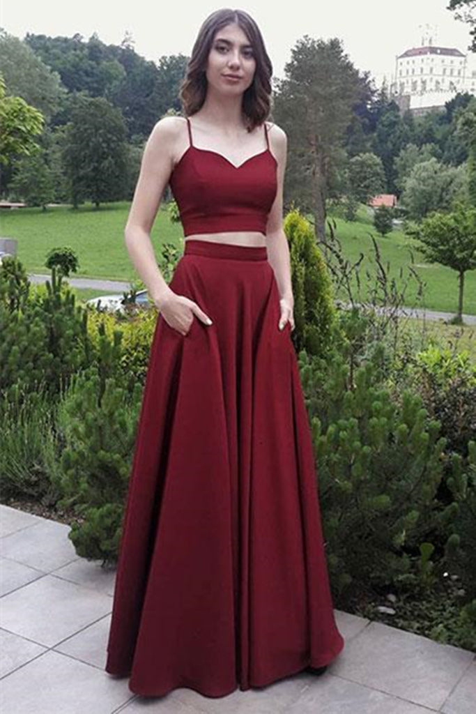 A Line Sweetheart Neck Two Pieces Burgundy Prom Dresses, Two Pieces Burgundy Formal Dresses, Burgundy Evening Dresses