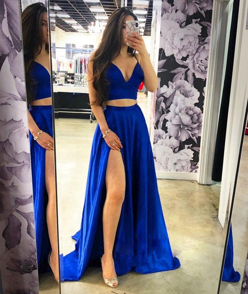 A Line Two Pieces Satin Blue Long Prom Dress with High Slit Blue Form abcprom