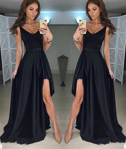 A Line V Neck Asymmetry Floor Length Black Prom Dresses with Pleats, V Neck Black Formal Evening Dresses, Black Graduation Dresses