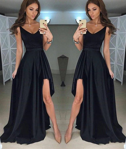 A Line V Neck Asymmetry Floor Length Black Prom Dresses with Pleats, V Neck Black Formal Evening Dresses, Black Graduation Dresses