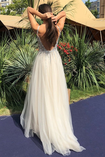 A Line V Neck Backless Beaded Ivory Prom Dresses, Ivory Backless Formal Dresses, Ivory Evening Dresses