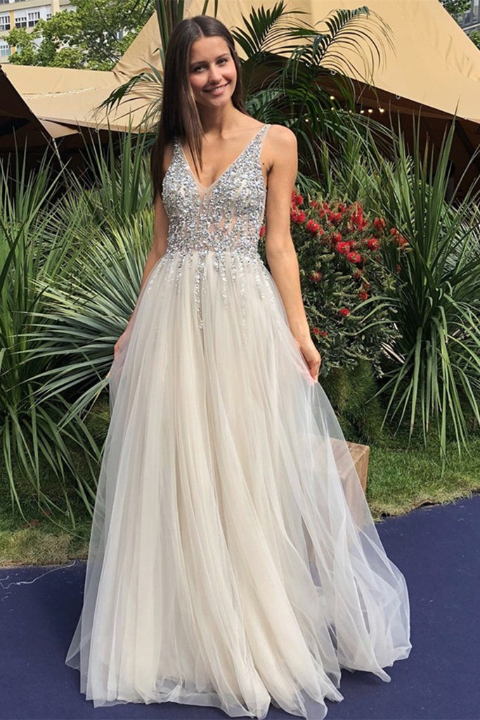 A Line V Neck Backless Beaded Ivory Prom Dresses, Ivory Backless Forma –  abcprom