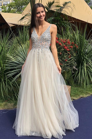 A Line V Neck Backless Beaded Ivory Prom Dresses, Ivory Backless Forma – abcprom