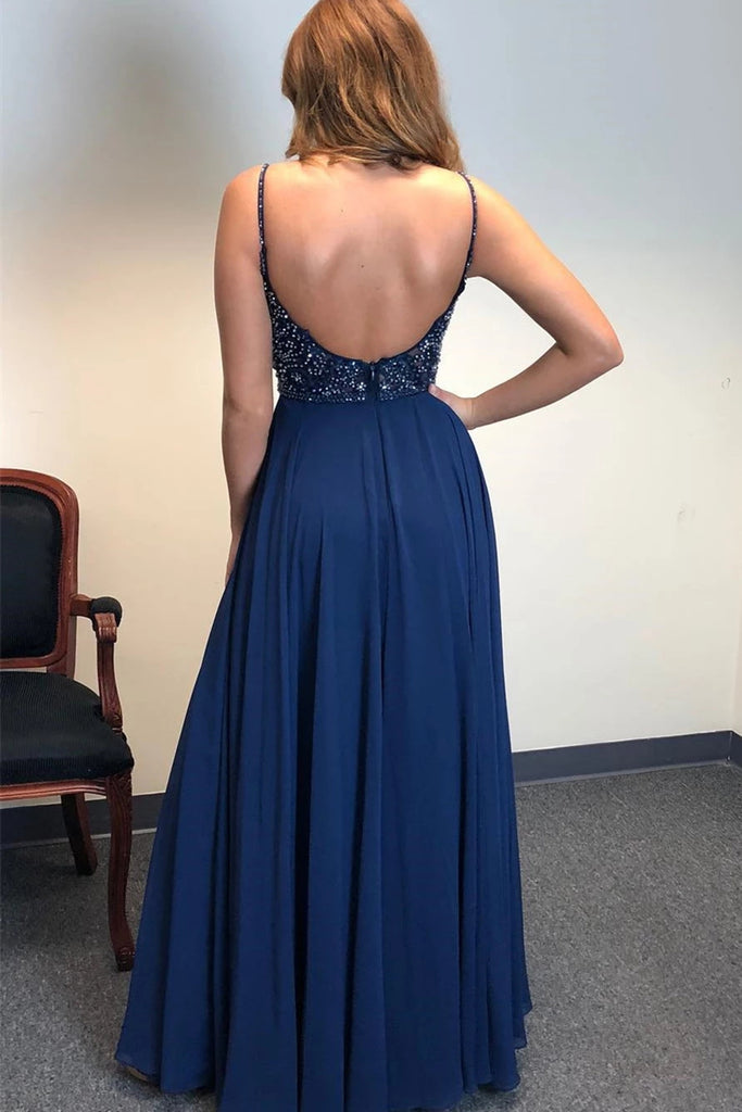 A Line V Neck Backless Beaded Navy Blue Prom Dresses with Slit, Backle abcprom A Line V Neck Backless Beaded Navy Blue Prom Dresses with Slit, Backle abcprom