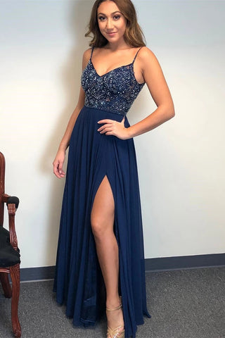 A Line V Neck Backless Beaded Navy Blue Prom Dresses with Slit, Backless Navy Blue Formal Dresses, V Neck Navy Blue Evening Dresses