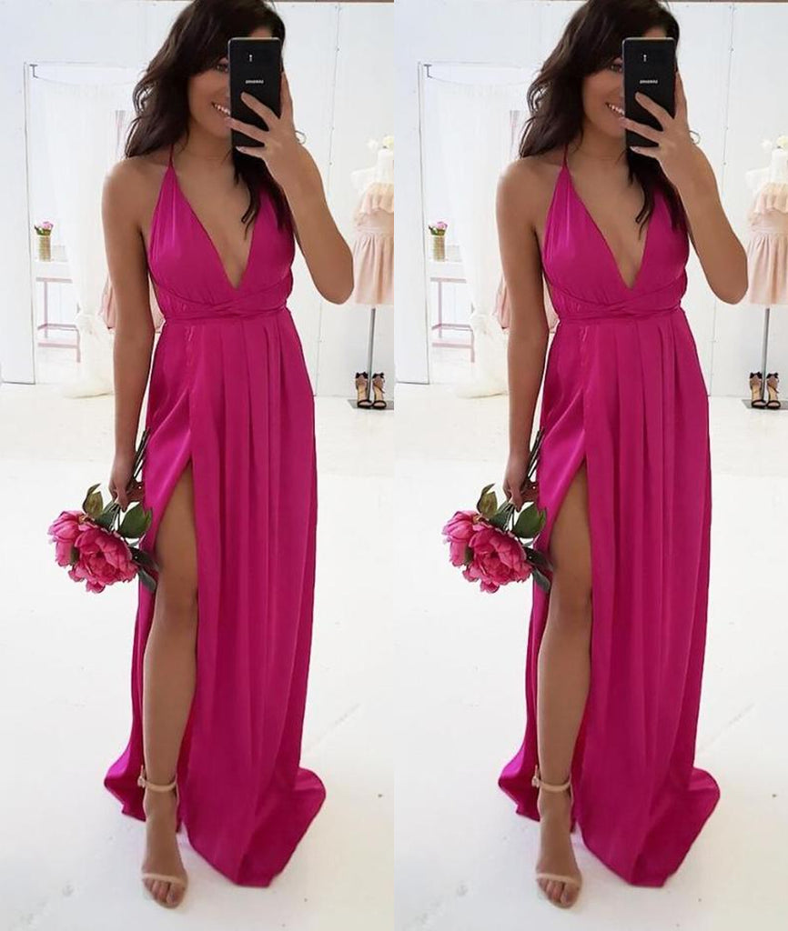 A Line V Neck Backless Fuchsia Long Prom Dresses with High Slit, V Neck Fuchsia Formal Graduation Evening Dresses with Slit
