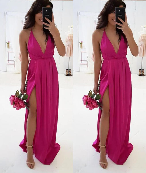 A Line V Neck Backless Fuchsia Long Prom Dresses with High Slit, V Neck Fuchsia Formal Graduation Evening Dresses with Slit